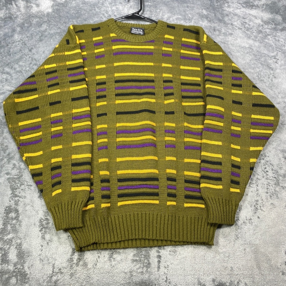 Vintage New Era Sweater Mens Large Green Geometric Tight Knit Pullover USA 80s